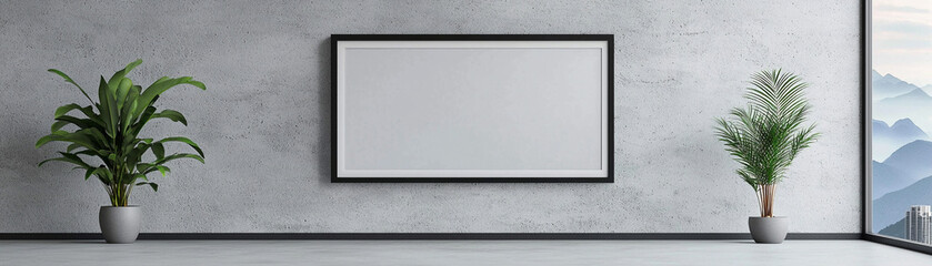 Minimalistic living room interior with two potted plants and a large empty frame on a gray wall, showcasing modern decor style.