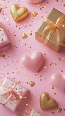 Decorative gifts and hearts arranged on a pink background for a festive celebration