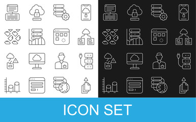 Set line Data export, Server, Cloud technology data transfer, and gear, Data, Web Hosting, stream, and Loading window icon. Vector