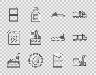 Set line Oil industrial factory building, tanker ship, No oil drop, Barrel, leak and Tanker truck icon. Vector