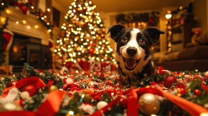 Merry Christmas Border Collie amidst Festive Decorations and a Sparkling Christmas Tree
