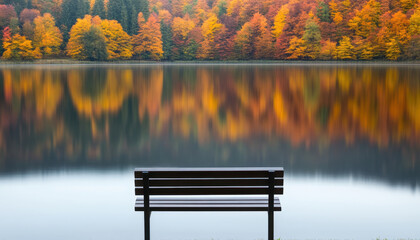 tranquil lakeside scene with wooden bench facing colorful autumn forest. vibrant foliage reflects beautifully on calm water, creating serene atmosphere