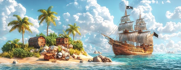 Obraz premium A cartoon illustration of a deserted island with a treasure chest, a broken pirate ship, palm trees, and gold coins, and a shipwreck and a sailboat appearing later.