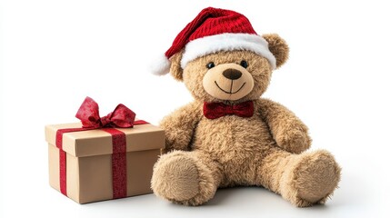 Stuffed teddy bear wearing christmas hat with gift box isolated on white background