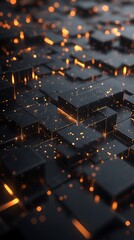 Dark Background with 3D Geometric Shapes and High-Tech Grid