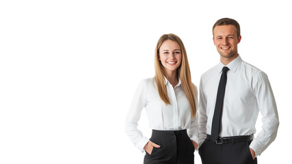Business people stand together,smiling and confident,business concept,copy space,white banner.