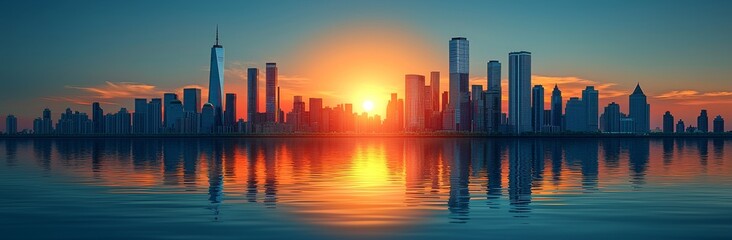 Fototapeta premium A modern artwork of a seascape featuring stones in water, city buildings reaching the skyline, and a thunderstorm with lightning.