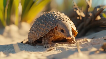 A pangolin curls into a ball on sandy ground, sunlight illuminating its scales and surroundings.