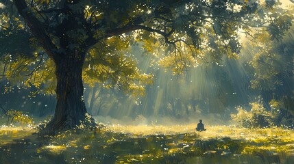 Fototapeta premium A soft pastel sketch of someone sitting beneath a large oak tree, a book in hand. Gentle rays of sunlight filter through the canopy, casting dappled shadows over the peaceful scene