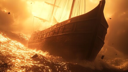 Ancient galleon sailing through a stormy sea at sunset.