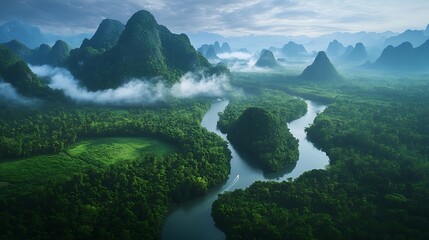 Obraz premium Serene River Winds Through Lush Green Mountains