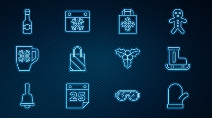 Set line Christmas mitten, Figure skates, shopping bag, Coffee cup with snowflake, Champagne bottle, Branch viburnum and Calendar icon. Vector