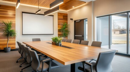 Fototapeta premium Modern Conference Room Wooden Table Ergonomic Chairs Projector Screen Meeting Room
