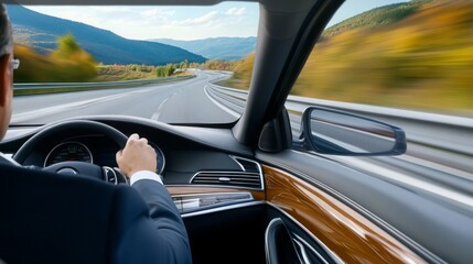 Scenic Highway Drive Luxury Car Executive Travel Autumn Landscape