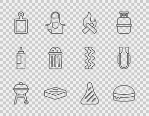 Set line Barbecue grill, Burger, Campfire, Steak meat, Cutting board, Salt, and Meat tongs icon. Vector