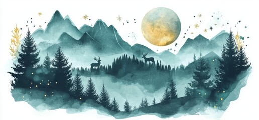 Fototapeta premium A 3D modern art mural wallpaper with a dark black background, stars, and a moon, illustrating a night landscape with colorful mountains and trees.