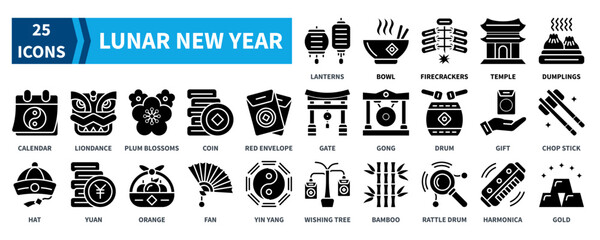Lunar New Year icon collection set. Containing lanterns, firecrackers, temple, dumplings, calendar, coin, yuan, orange, yin yang, gong, gold icon. Simple black fill vector.