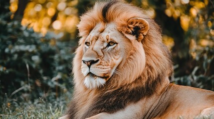 Fototapeta premium Majestic lion with a powerful gaze in a green forest.