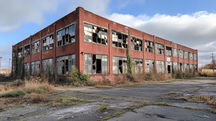Crumbling red brick industrial building with broken windows, representing urban decay and economic decline
