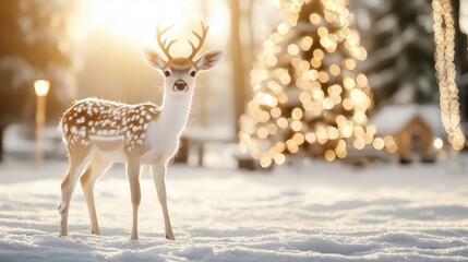 Magical White Deer Portrait with Christmas Bokeh Lights