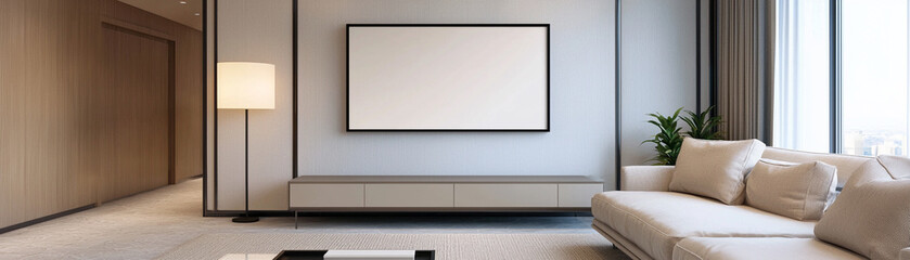 Obraz premium Modern minimalist living room with neutral tones, sleek furniture, and large windows creating a bright, airy atmosphere.