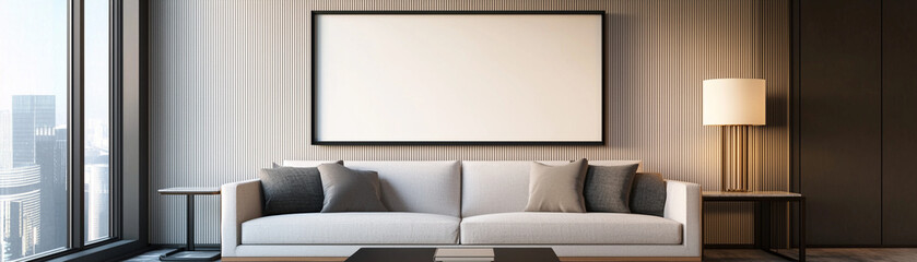 Modern minimalist living room with a comfortable sofa and stylish decor, perfect for relaxation and inspiration.