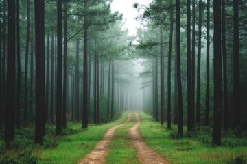 Obraz premium Misty Forest Path Winding Through Tall Pines