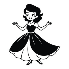 Fototapeta premium Dancing woman vector illustration with princess dress and flowing hair.