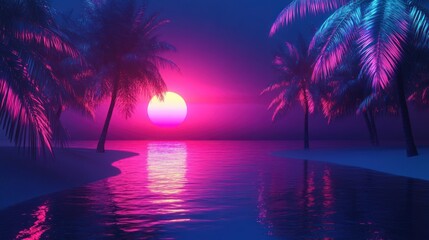 Neon Sunset Paradise: Palm Trees and Vibrant Ocean at Dusk