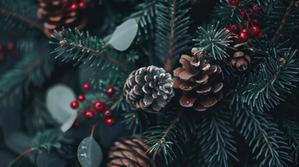 Handmade Christmas wreath featuring pine cones, eucalyptus, and a small red berry cluster, creating a cozy entrance