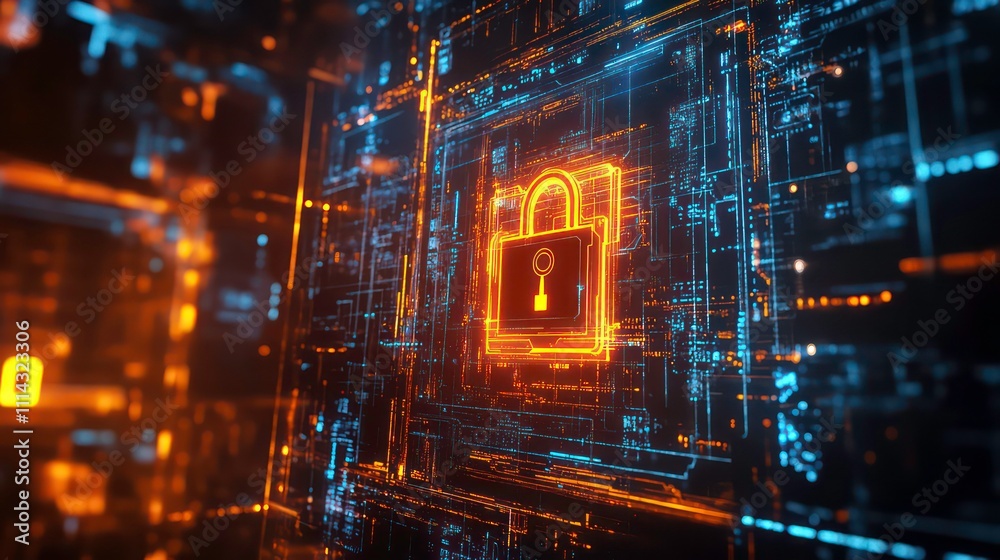 Poster glowing padlock icon in digital cyberspace, symbolizing online security and data protection.