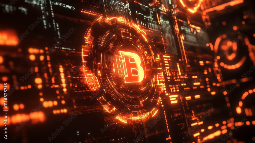 Aufkleber glowing digital bitcoin symbol on futuristic tech background.