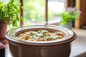 A slow cooker brimming with a creamy chicken and dumplings dish, set in a bright kitchen with soft morning light coming through the windows.