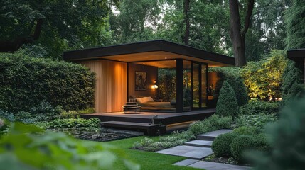 Small modern guest house with wood siding and a shed roof is nestled into a lush garden