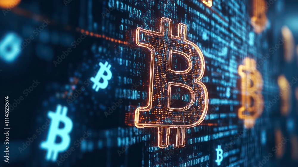 Poster Glowing Bitcoin symbol on a digital background with binary code.