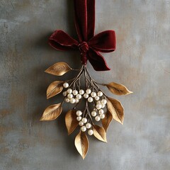 Vintage-style christmas decoration mistletoe ornament with antique gold leaves festive atmosphere close-up view elegant concept