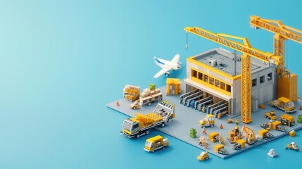Isometric airport expansion with cranes building new gates and loading areas