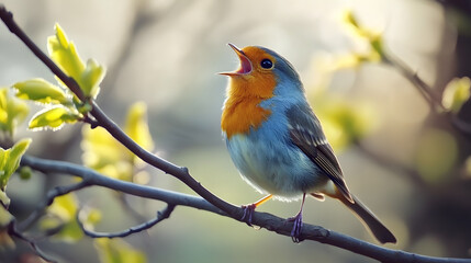 Melodious bird perched singing sweet song on tree branch in spring nature, forest wildlife with cute happy animal sounds echoing through leaves.