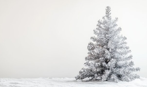 An ebullient seasonal composition consisting of a silver Christmas tree on a white backdrop to greet the joyous New Year.