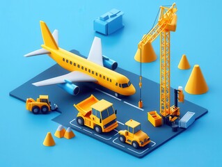 Isometric design of an airport under construction with cranes and bulldozers