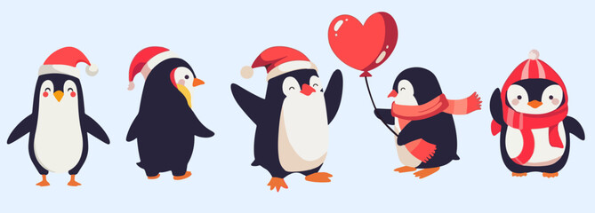 Cute penguins in Christmas attire, perfect for holiday cards, winter designs, and children's projects