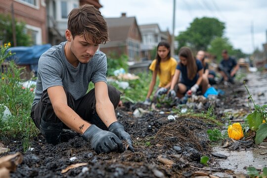 An urban community organizing a neighborhood cleanup. Generative AI