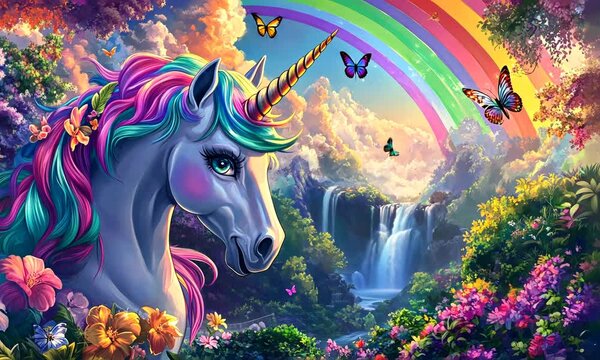 A magical unicorn with a rainbow in the background and a waterfall in the distance.