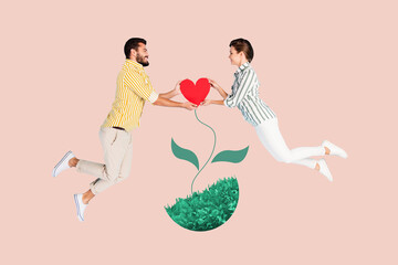 Composite photo collage of two happy girl guy jump together hold heart flower plant love feelings...