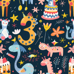 Playful birthday celebration pattern with colorful animals and cake