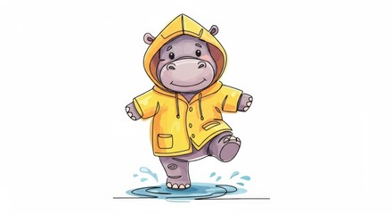 Happy Hippo in Yellow Raincoat Splashes in Puddle