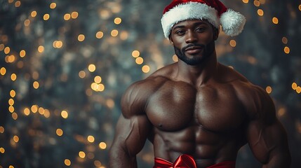 Nude african american man  in Santa hat