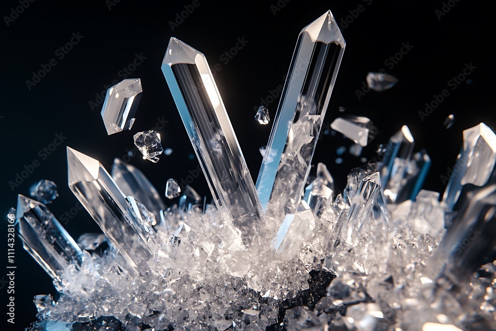 Poster Exploding cluster of quartz crystals on black background.