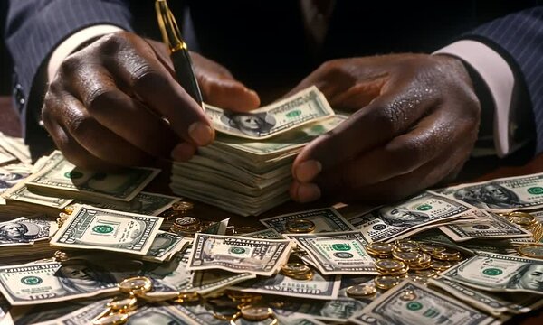 A close-up of hands counting stacks of cash with gold coins scattered around.
