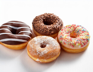 Assorted donuts with chocolate, sprinkles, and powdered sugar on a white background